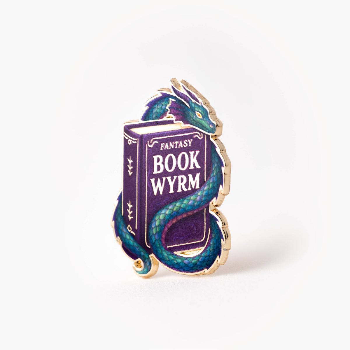 Book Wyrm dragon enamel pin: purple book, teal-blue scales, gold outline