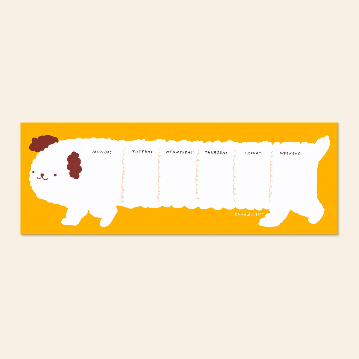 Weekly planner pad with a white dog design, yellow border, and Monday-to-weekend columns