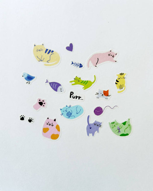 Assorted cat washi stickers with paws, fish, and kitten designs