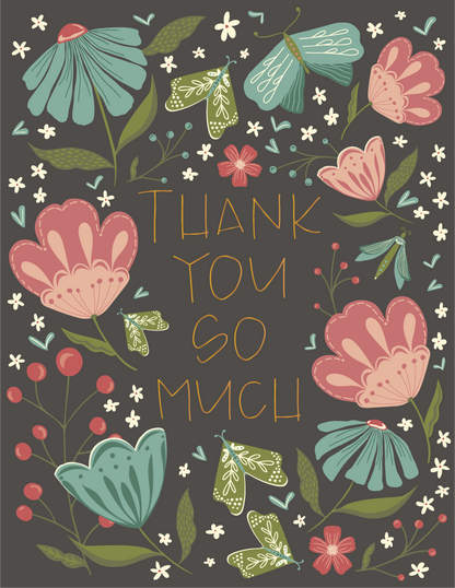 Greeting card design with colorful flowers and gold foil thank-you lettering