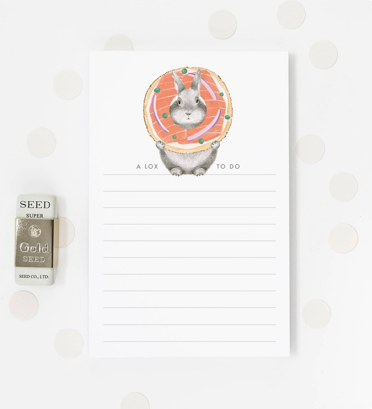 Rabbit illustrated notepad with lined pages and 'A Lox To Do' title