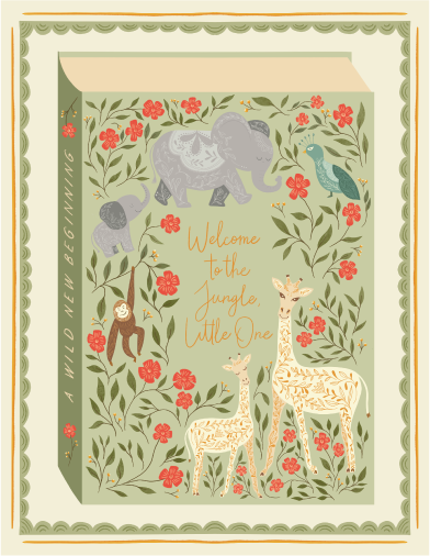 Safari baby shower greeting card with illustrated jungle animals, flowers, and “Welcome to the Jungle, Little One” text.