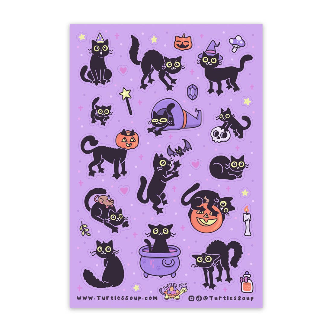 Halloween black cat glitter sticker sheet with pumpkins, bats, and potion cauldron icons