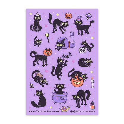 Halloween black cat glitter sticker sheet with pumpkins, bats, and potion cauldron icons