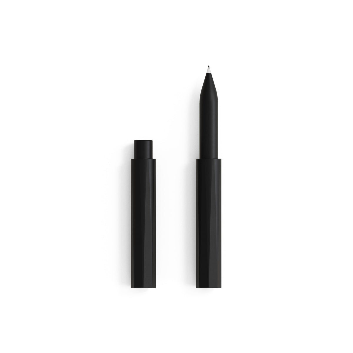 Refillable writing pen, black body with cap and pointed tip