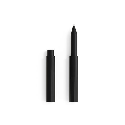 Refillable writing pen, black body with cap and pointed tip