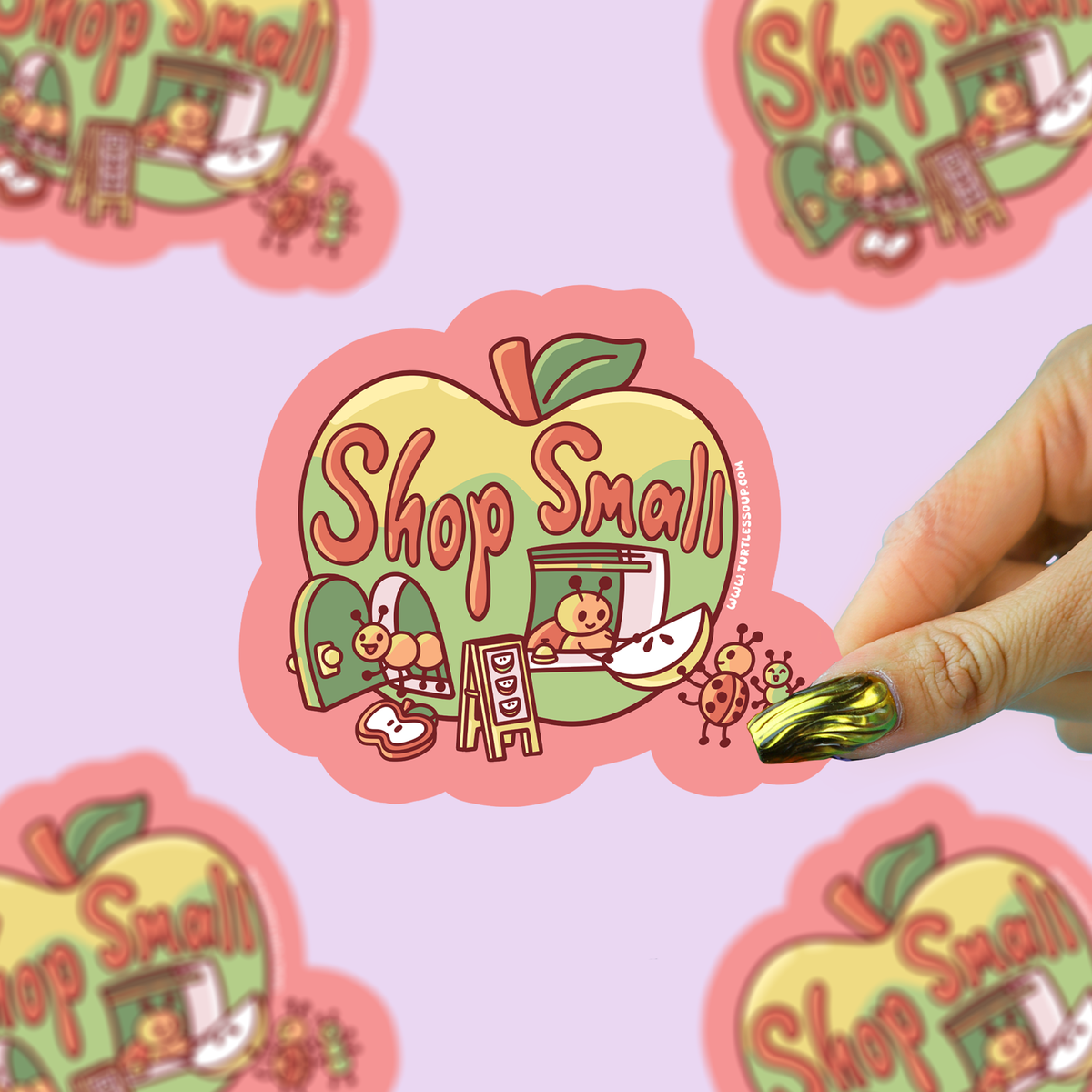 Vinyl sticker with "Shop Small" sign and cartoon little guys storefront