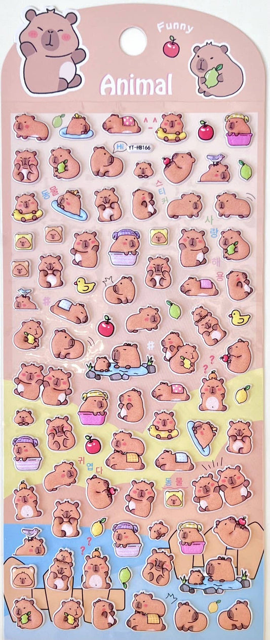 Animal sticker sheet with cartoon capybara characters, cherries, hearts, and food icons