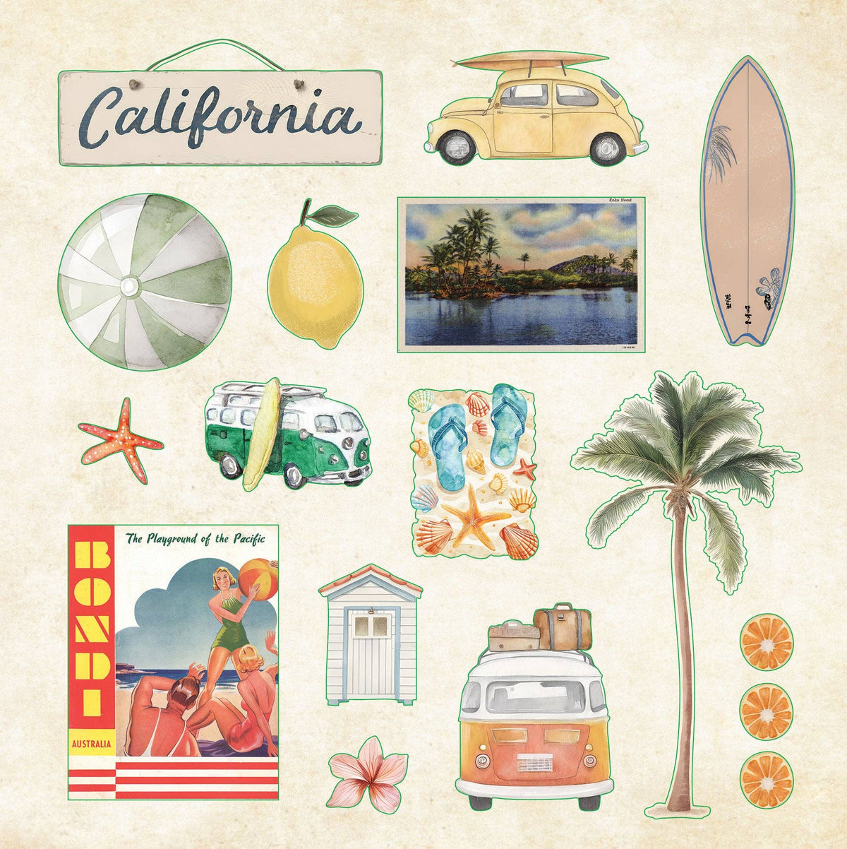 Sticker sheet with California travel motifs, surfboard, beach ball and camper vans