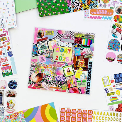 Colorful vision board poster sheet with 2025 theme and motivational stickers
