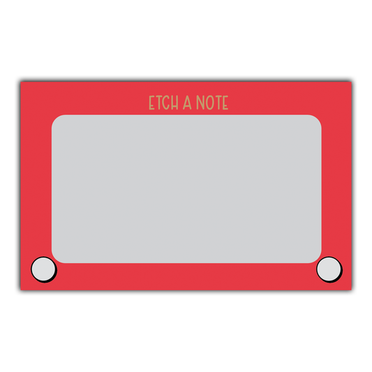 Red flat notecard with blank rounded rectangle and two wheel circles