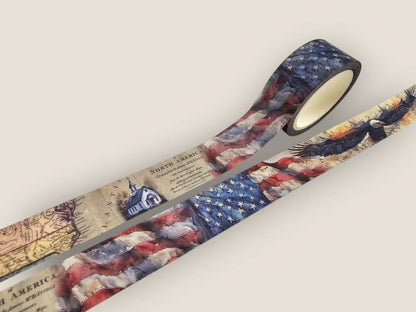 Long washi tape strip with vintage map and star-spangled flag print, single roll