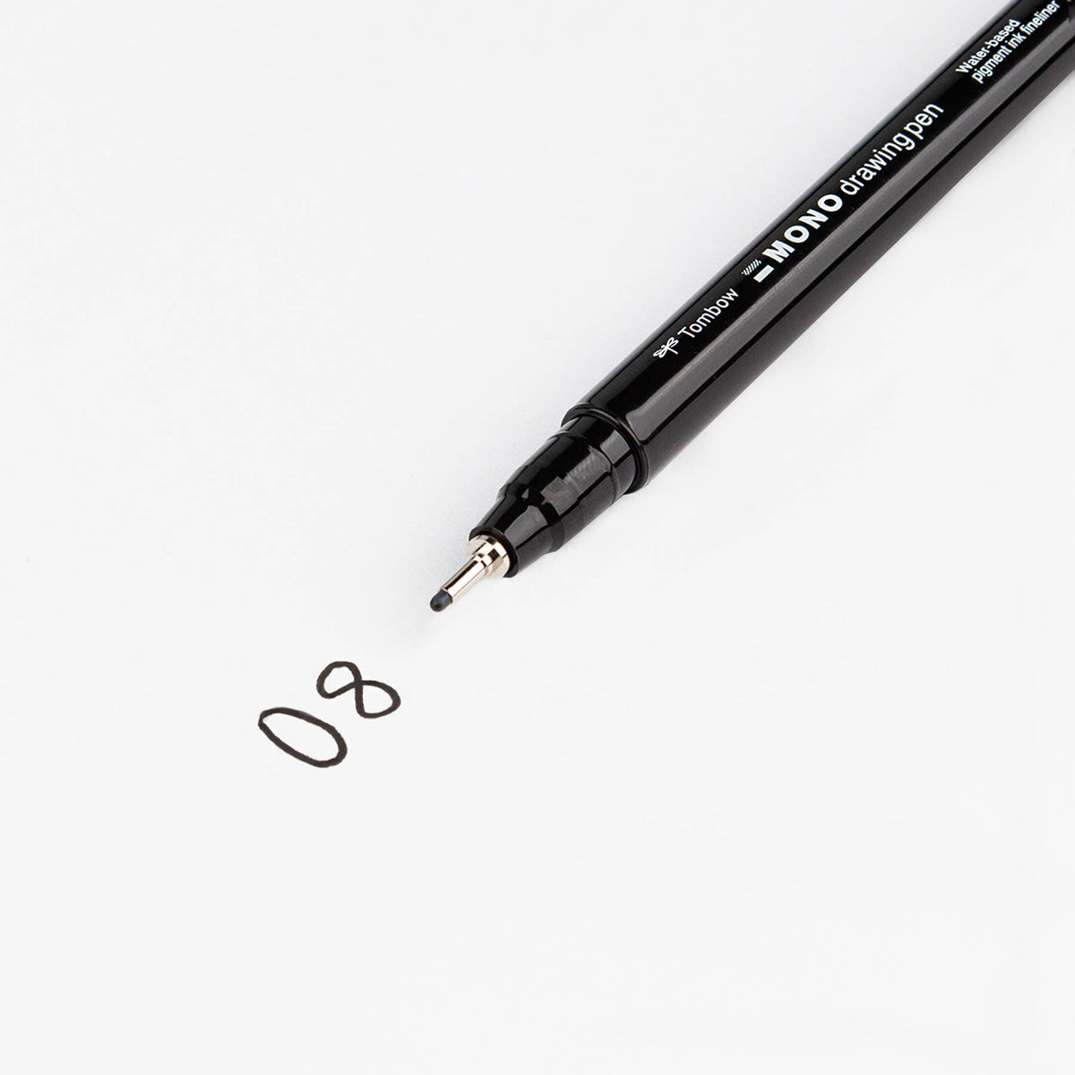 Black drawing pen with metal nib and numbered ink mark 08 on a white surface