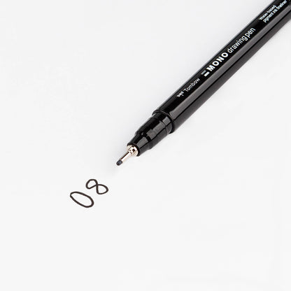 Black drawing pen with metal nib and numbered ink mark 08 on a white surface