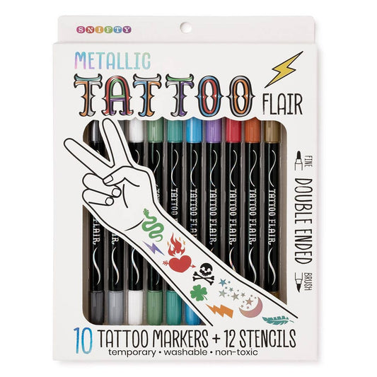 Metallic temporary tattoo marker set with stencils, in retail package