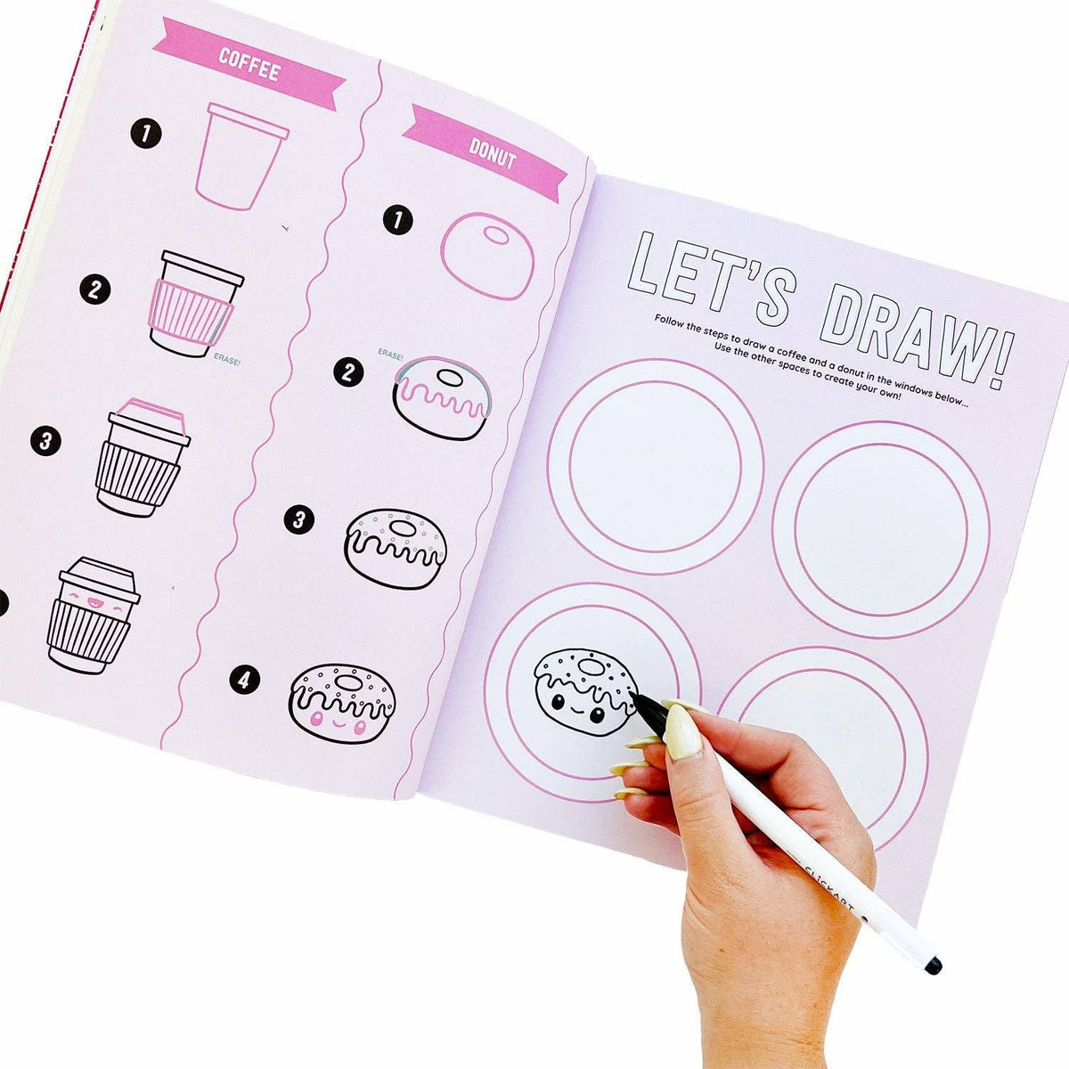 Food sticker book page with coffee and donut outlines, “Let’s draw” circles, and marker