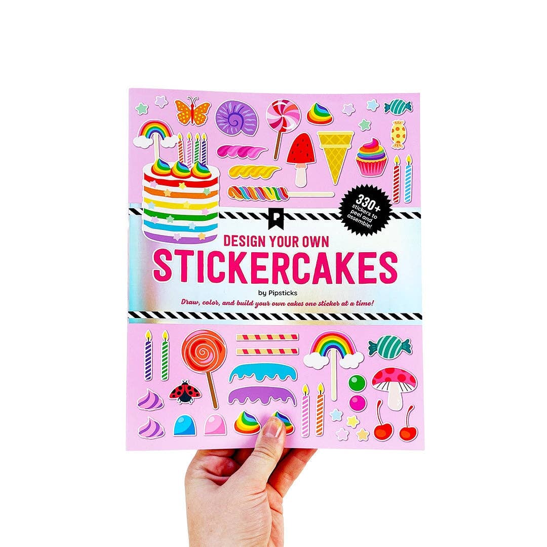 Sticker activity book cover with colorful cake sticker designs and title text, held in hand