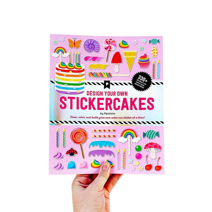 Sticker activity book cover with colorful cake sticker designs and title text, held in hand