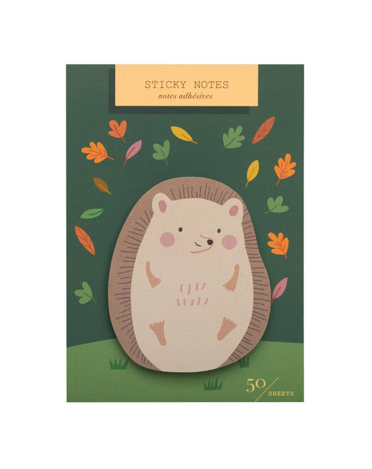 Hedgehog die-cut sticky note with decorative leaves and small sticky pad label