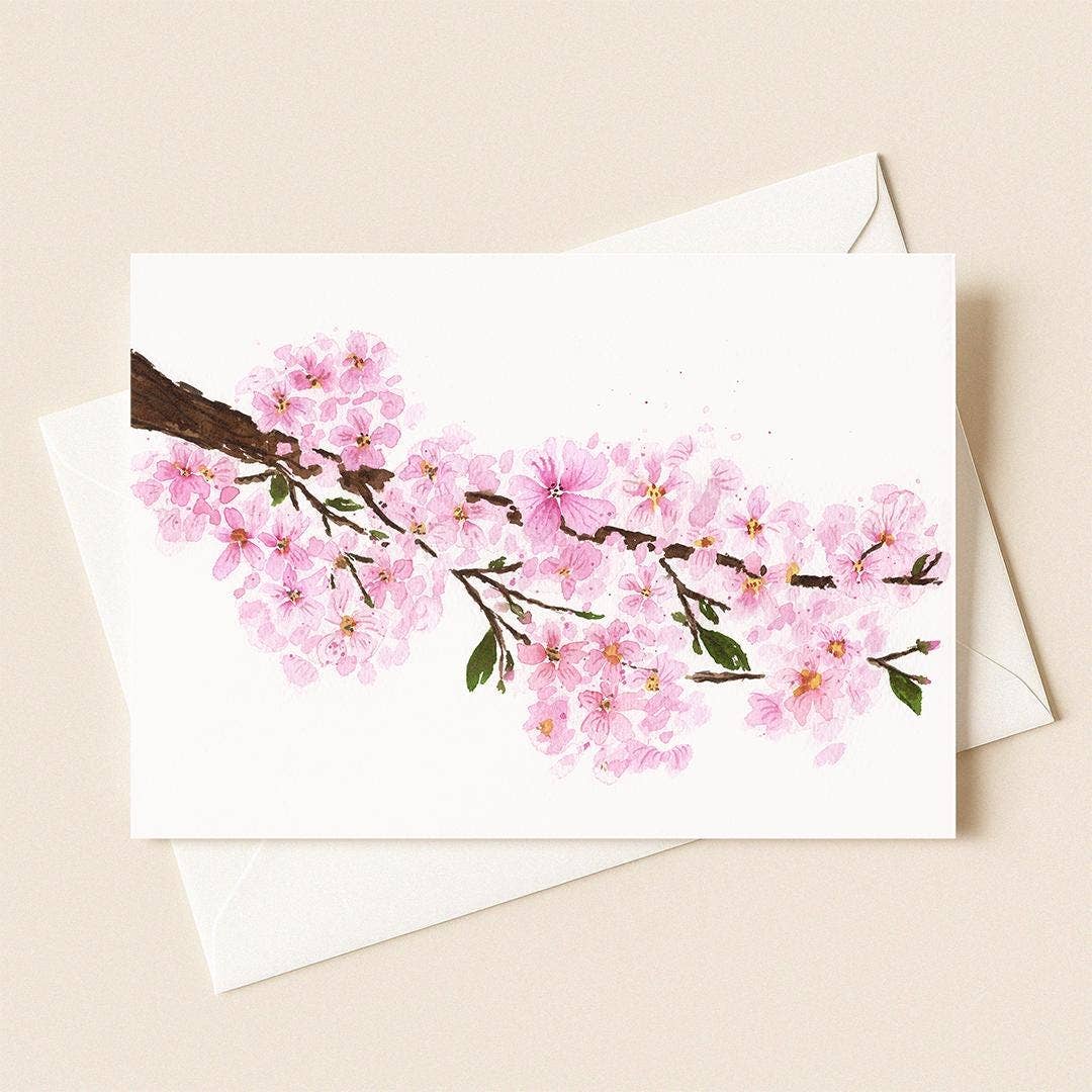 Cherry Blossom Greeting Card, Blank Watercolor Card