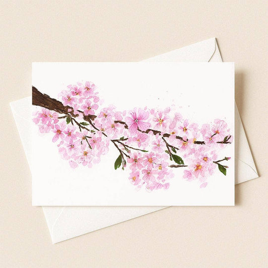 Cherry Blossom Greeting Card, Blank Watercolor Card