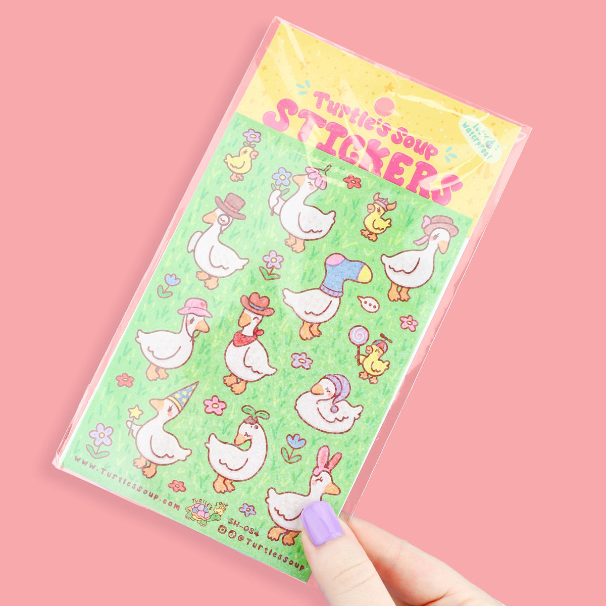 Tilted ducks and animals glitter sticker sheet with colorful hats and flowers