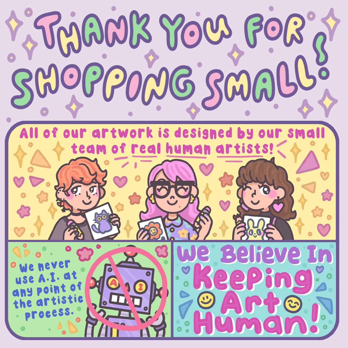 Vinyl sticker with colorful “Thank You for Shopping Small” message and characters