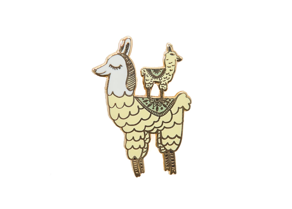 Mama Llama enamel pin featuring a pale llama carrying a smaller llama on its back.