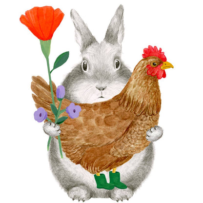 Close-up illustrated greeting card of grey bunny with brown chicken, orange tulip, purple flowers
