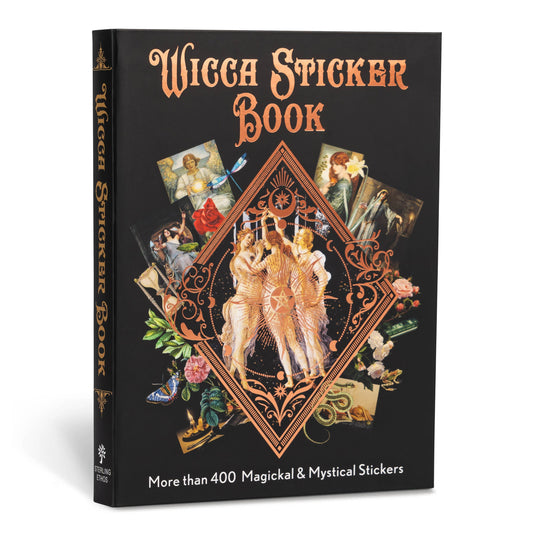 Wicca-themed sticker book cover with ornate lettering and fantasy figure illustrations