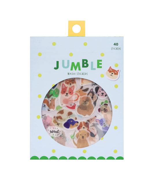 Dog washi sticker set in sealed pouch, round window with mixed pups, 40 stickers