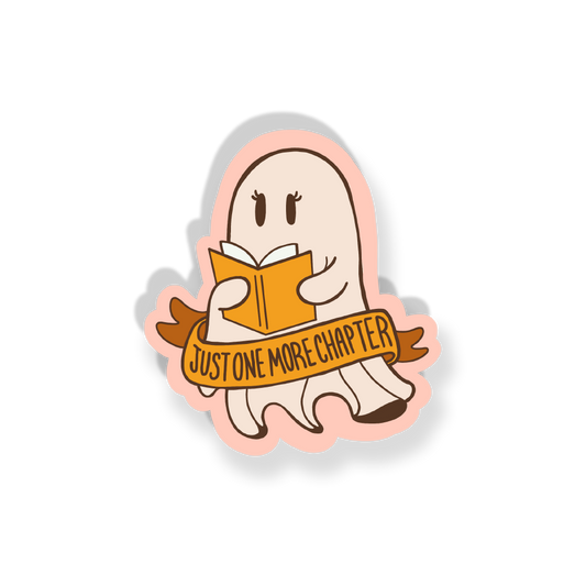 Ghost reading book vinyl sticker with 'JUST ONE MORE CHAPTER' lettering