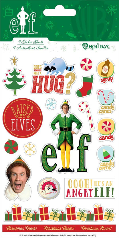 Elf holiday sticker pack sheet with raised elves, candy, and elf character designs