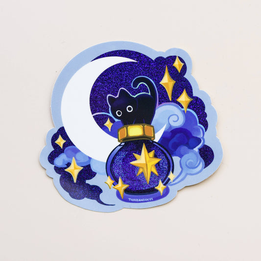 Holographic vinyl sticker of a purple wizard cat with crescent moon and gold stars