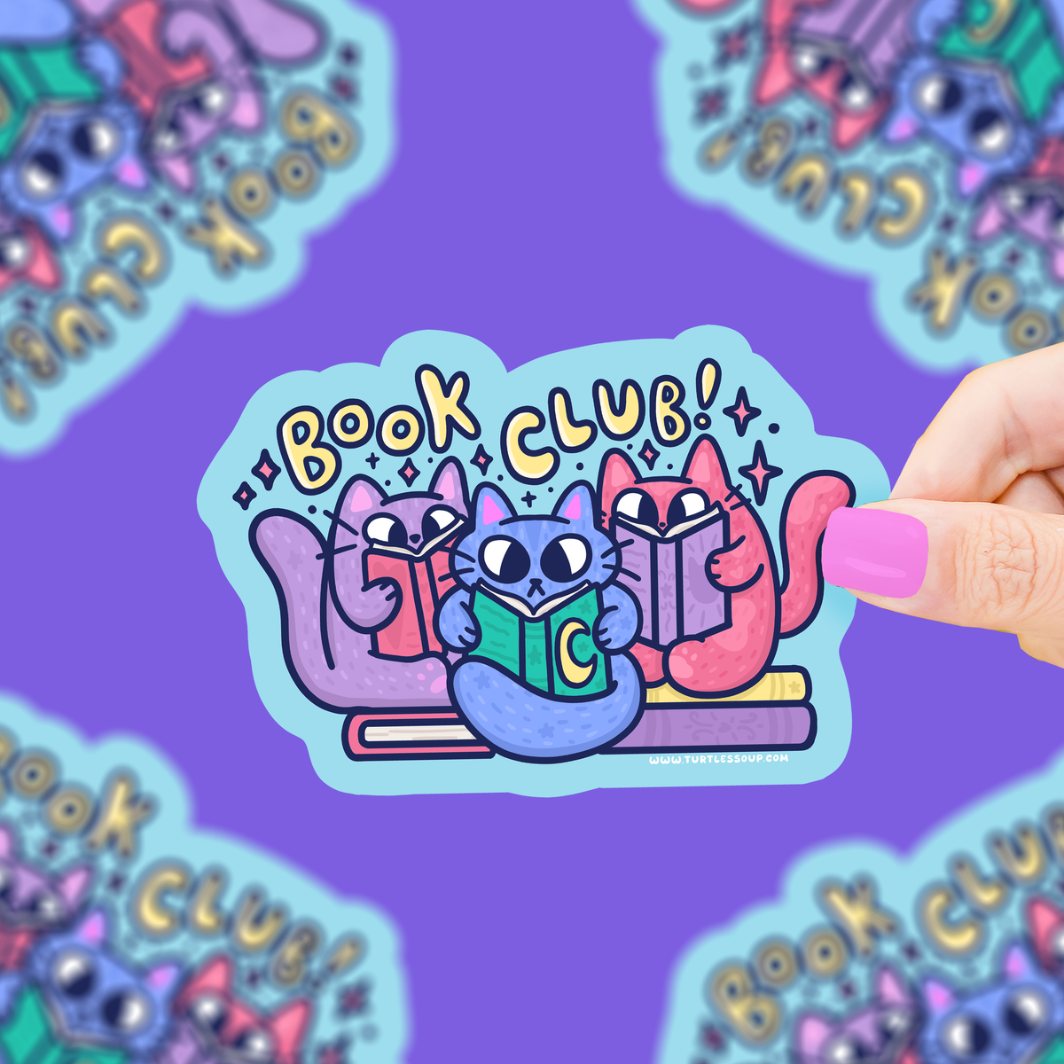 Book club vinyl cat sticker, circular shape with cartoon cats reading