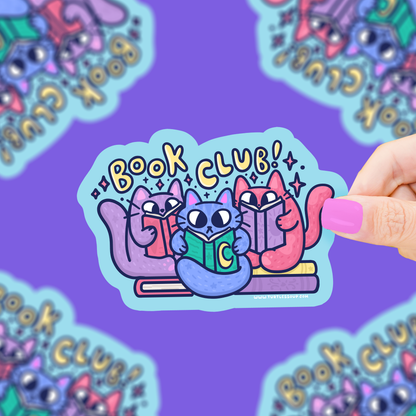 Book club vinyl cat sticker, circular shape with cartoon cats reading