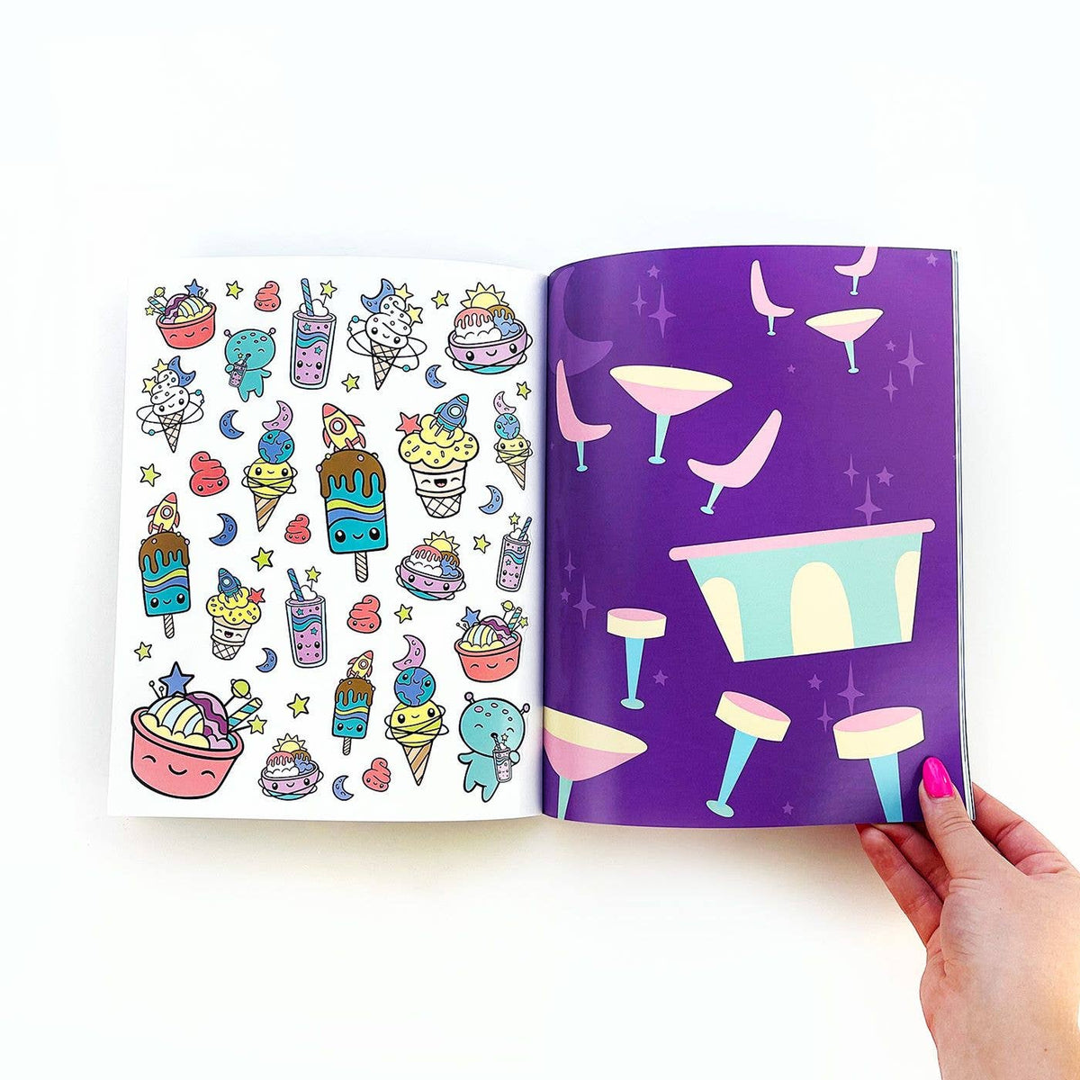 Open space sticker book with sticker-style character icons on left and purple drink art