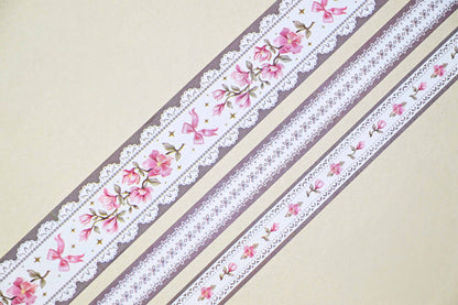 Washi tape strips with lilac lace, pink flowers, and butterfly details