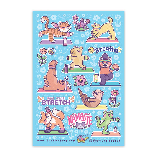 Cute yoga animal sticker sheet with multicolor illustrated workout poses