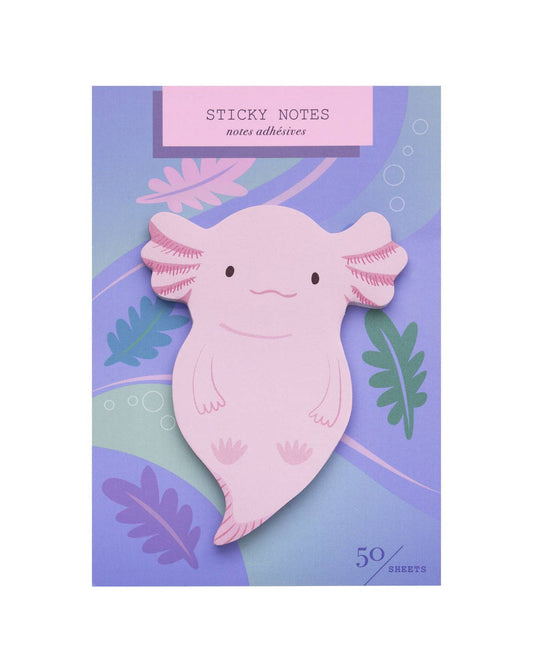 Pink axolotl die-cut sticky note pad with 59 sheets, cute cartoon face