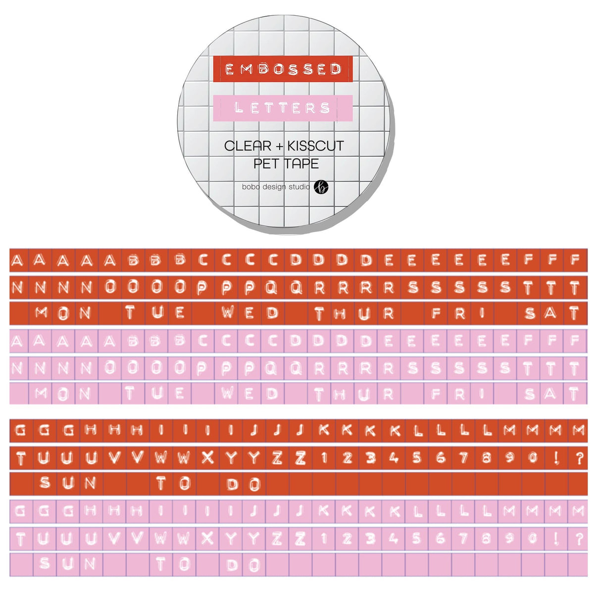 Embossed letters kiss-cut PET tape roll, red and pink alphabet design on label
