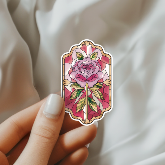 Pink Stained Glass Rose Vinyl Sticker | Bookish Romantasy