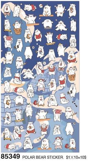 Polar bear sticker sheet with multiple cute character designs in light blue layout