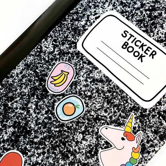 Glitter speckled sticker book cover with unicorn, banana, and orange badge stickers