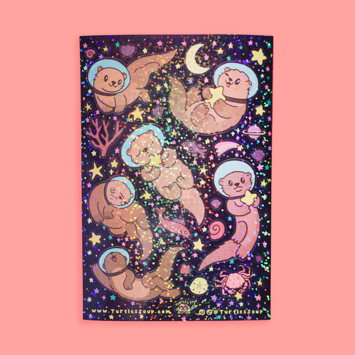 Space galaxy glitter sticker sheet with otter astronauts, moons, and star glitter