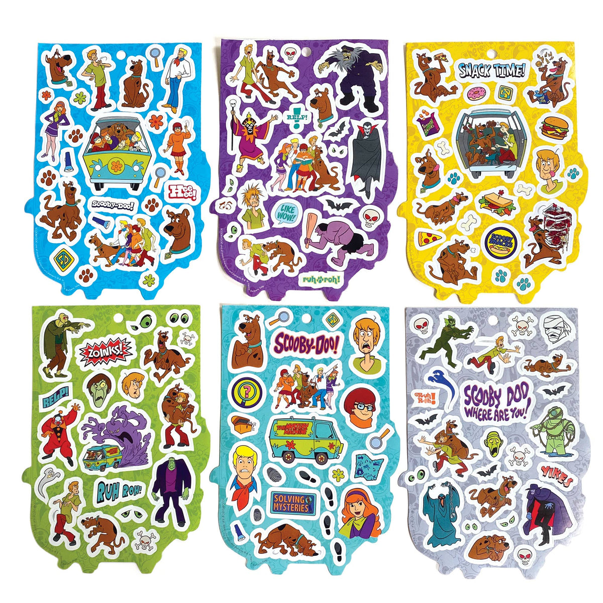 Assorted character sticker sheets with Scooby-Doo van, heroes, and monsters