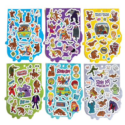 Assorted character sticker sheets with Scooby-Doo van, heroes, and monsters