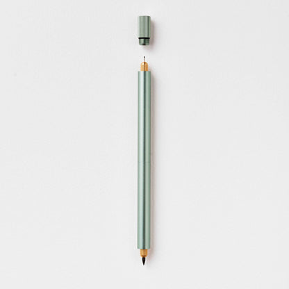 Sage green refillable multi-tip pen, capped, with gold-toned writing tip