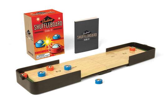 Desktop shuffleboard game set with folding wooden board, black rails, and blue red pucks