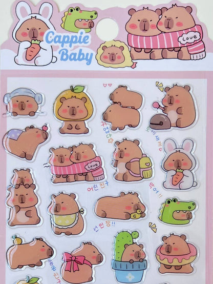 Capybara Baby sticker sheet with transparent-backed capybara and rabbit cutouts